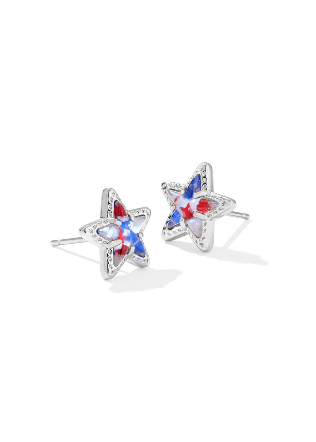 Women's rhodium star shaped stud earrings with a red, white, and blue illusion center