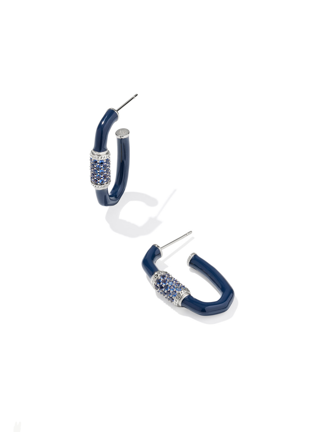 Women's navy hoop earrings with rhodium accents