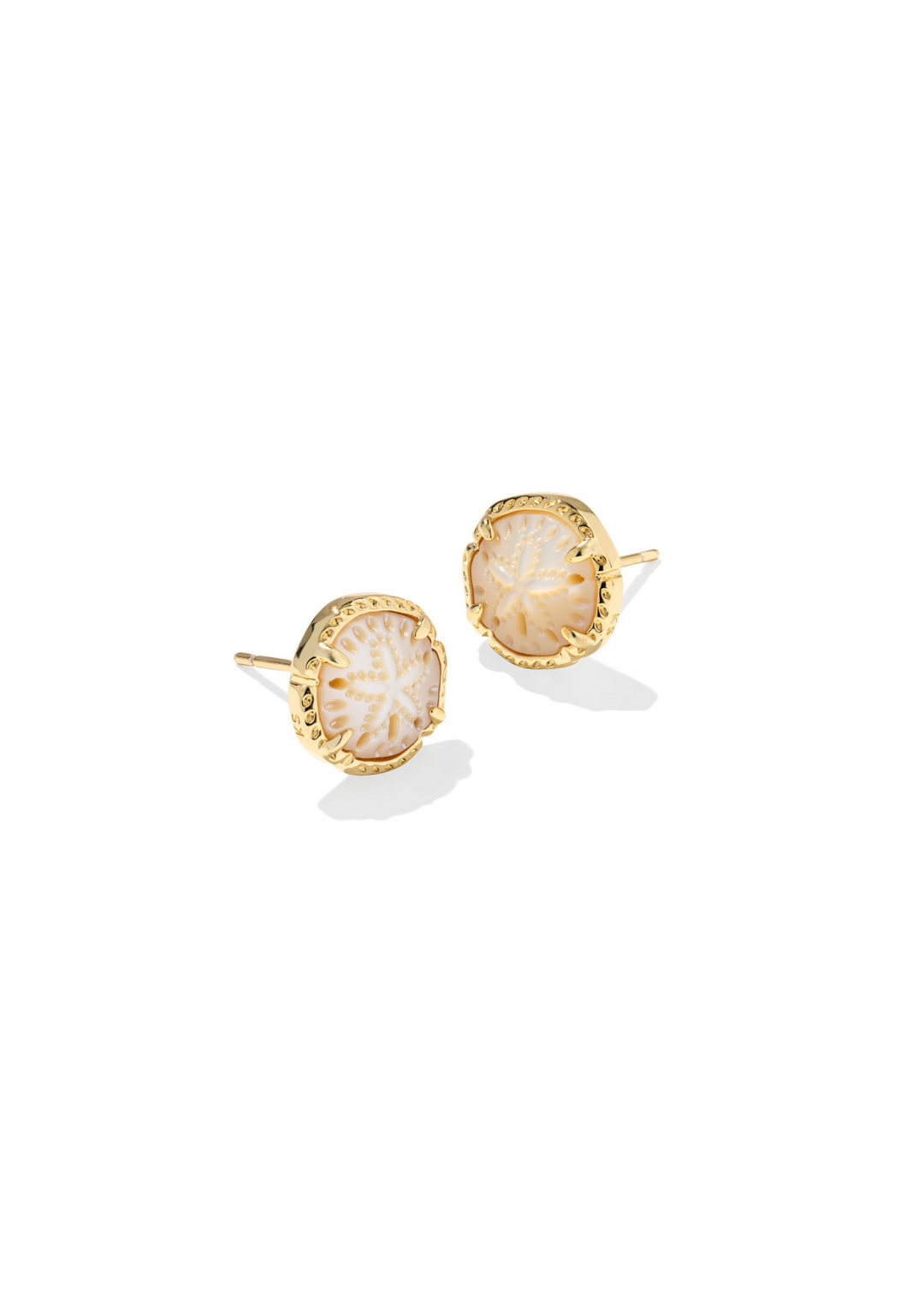 Gold framed stud earrings with a sand dollar center stone