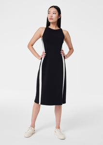 black high neck fitted midi dress with white stripe down the sides 