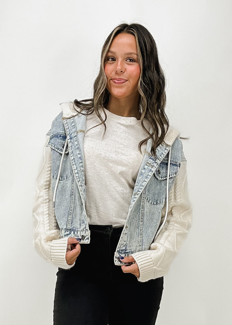 Womens denim jacket with knit fashion sleeves