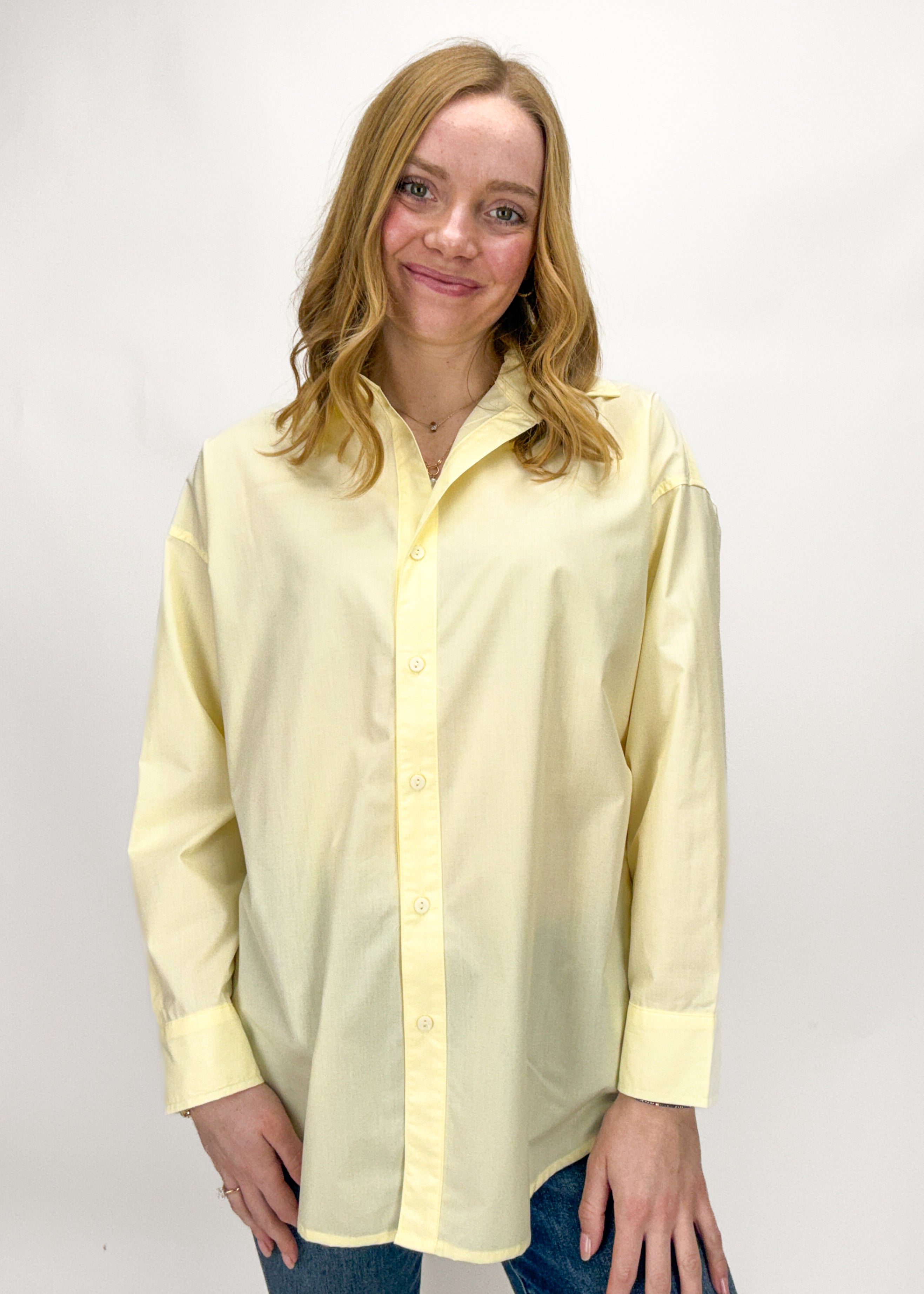 Women's Butter Yellow Oversized Button Down – June & Beyond Boutique