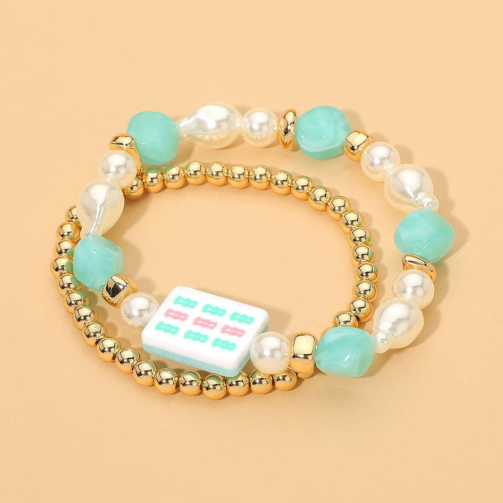Mahjong Tile Pearl Beaded Multi Layered Bracelets - Gold,Mint