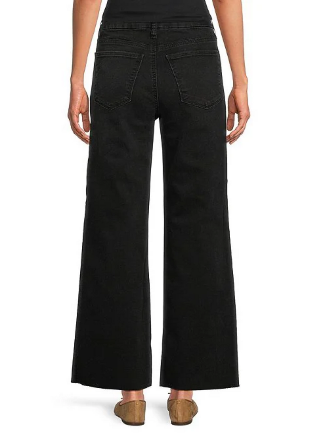 Black wide-leg cropped jeans shown from the back on a model, featuring a high waist, back pockets, and a straight-to-cropped leg.