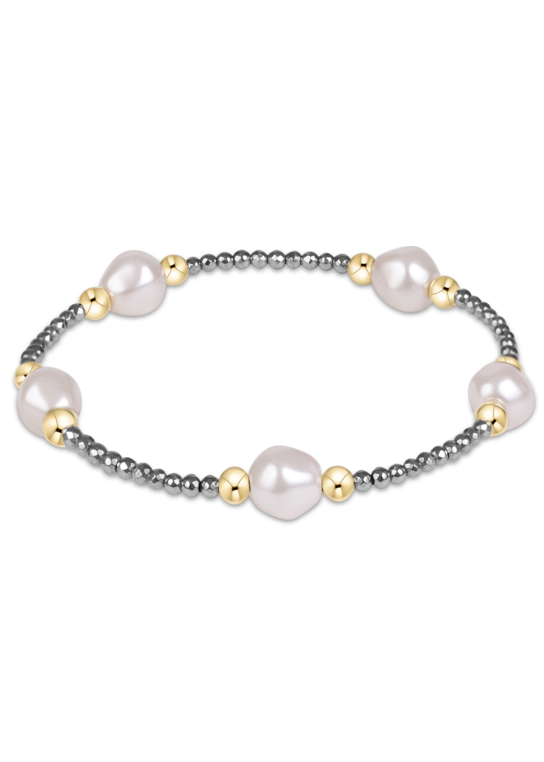 A beaded stretch bracelet featuring large, irregular white pearls, polished gold-toned spacer beads, and dark gray metallic beads, shown on a plain white background.