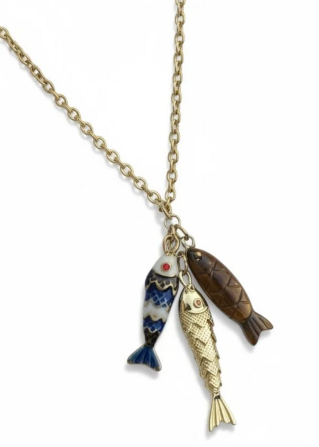 A charm necklace with three fish charms and a white background.