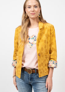 yellow blazer with monochrome daisy print and multicolor floral liner