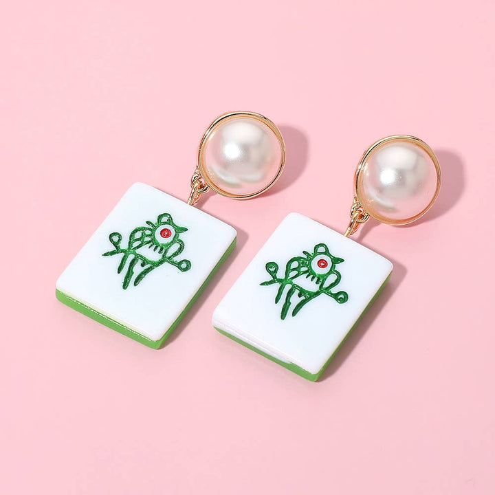 Pearl Accent Mahjong Tile Drop Earrings
