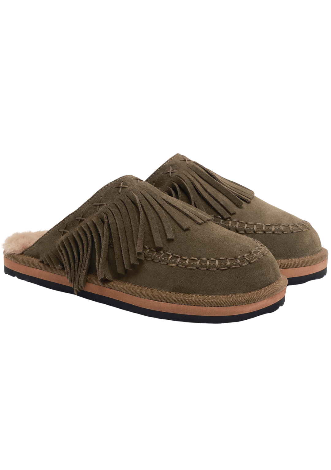 Pair of green suede slippers with fringes on a white background