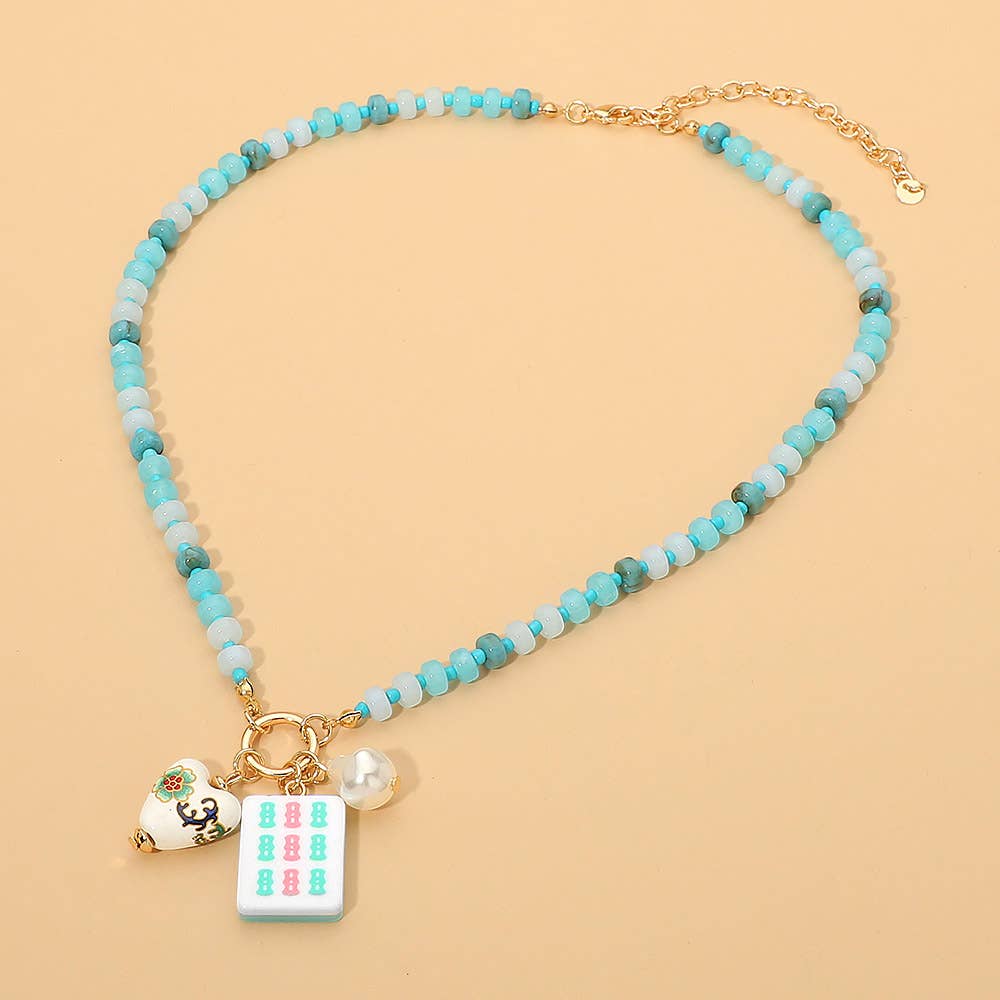 Mahjong Tile Charm Beaded Necklace - Mint