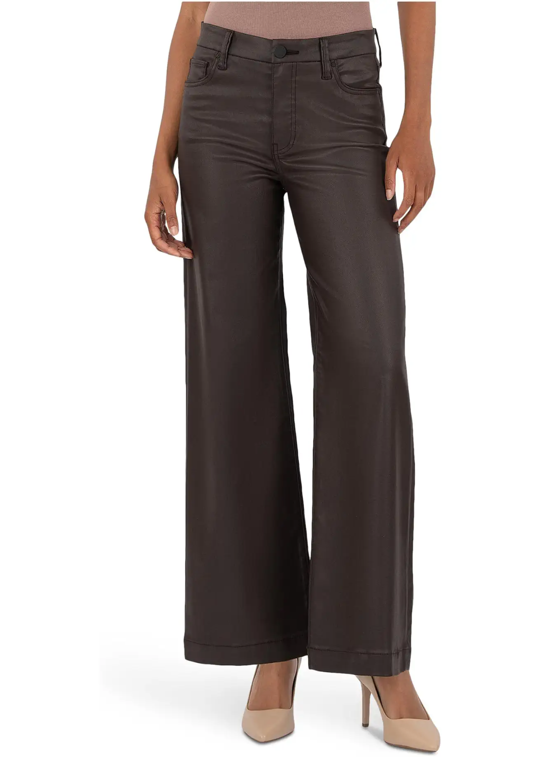 Woman wearing chocolate colored wide leg jeans. 