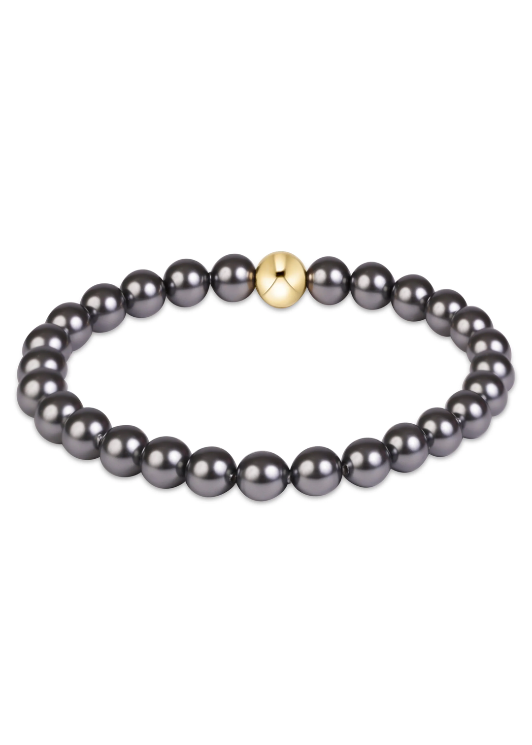 A beaded stretch bracelet featuring dark gray pearls and a single central gold-toned bead with a starburst pattern, shown on a plain white background.