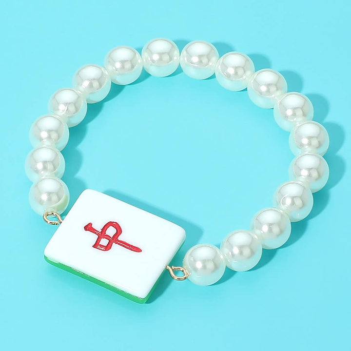 Mahjong Tile Accent Pearl Beaded Stretch Bracelet