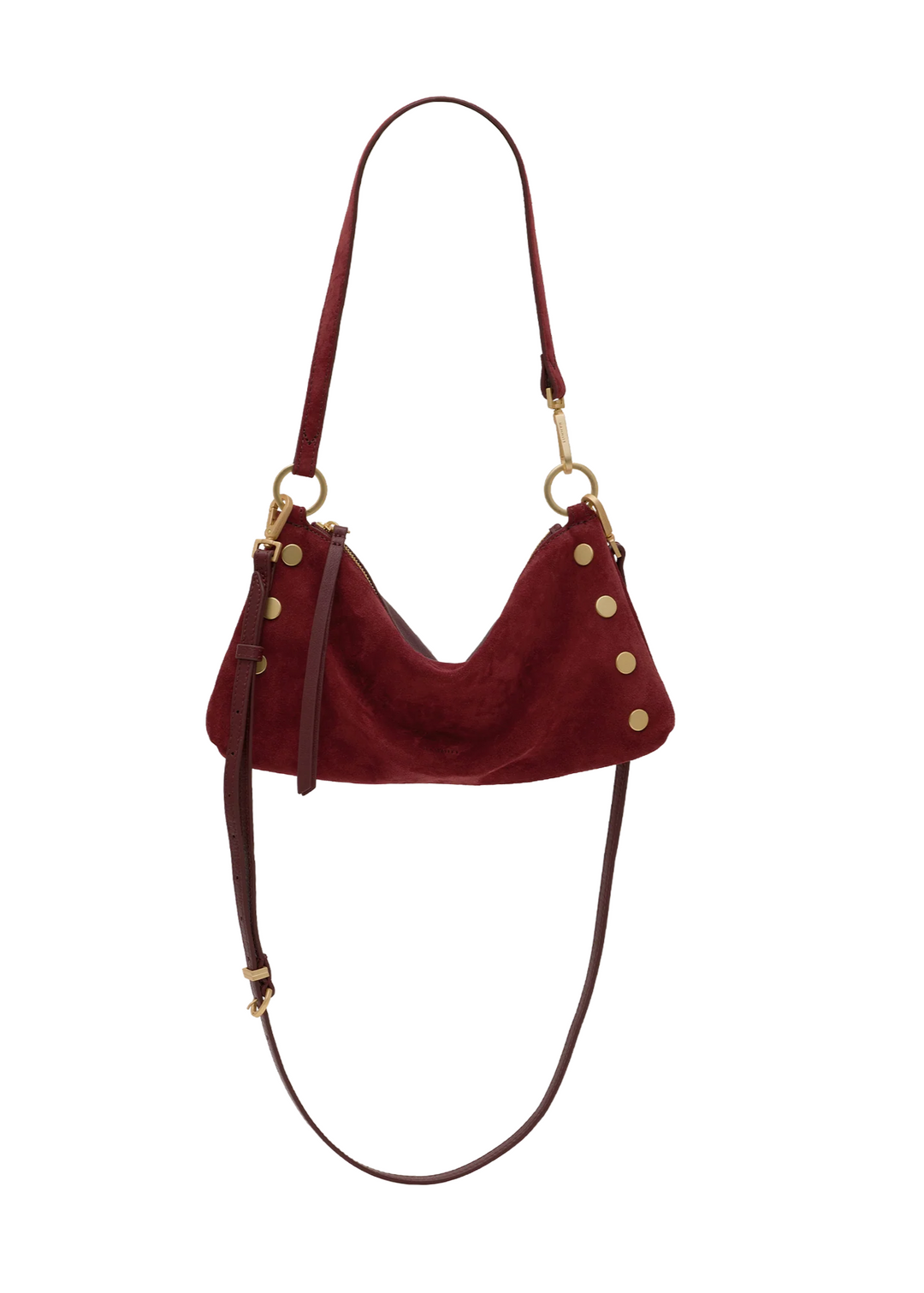 A burgundy suede crescent-shaped shoulder bag with gold-tone hardware and a long matching burgundy strap, shown on a plain white background.