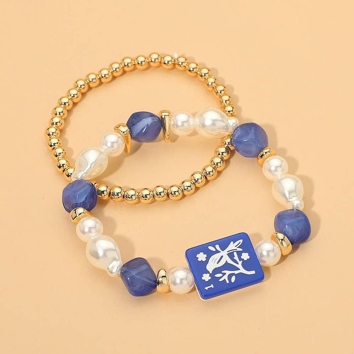 Mahjong Tile Pearl Beaded Multi Layered Bracelets - Blue/Gold