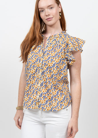 blue and yellow floral top with ruffle collar and sleeves