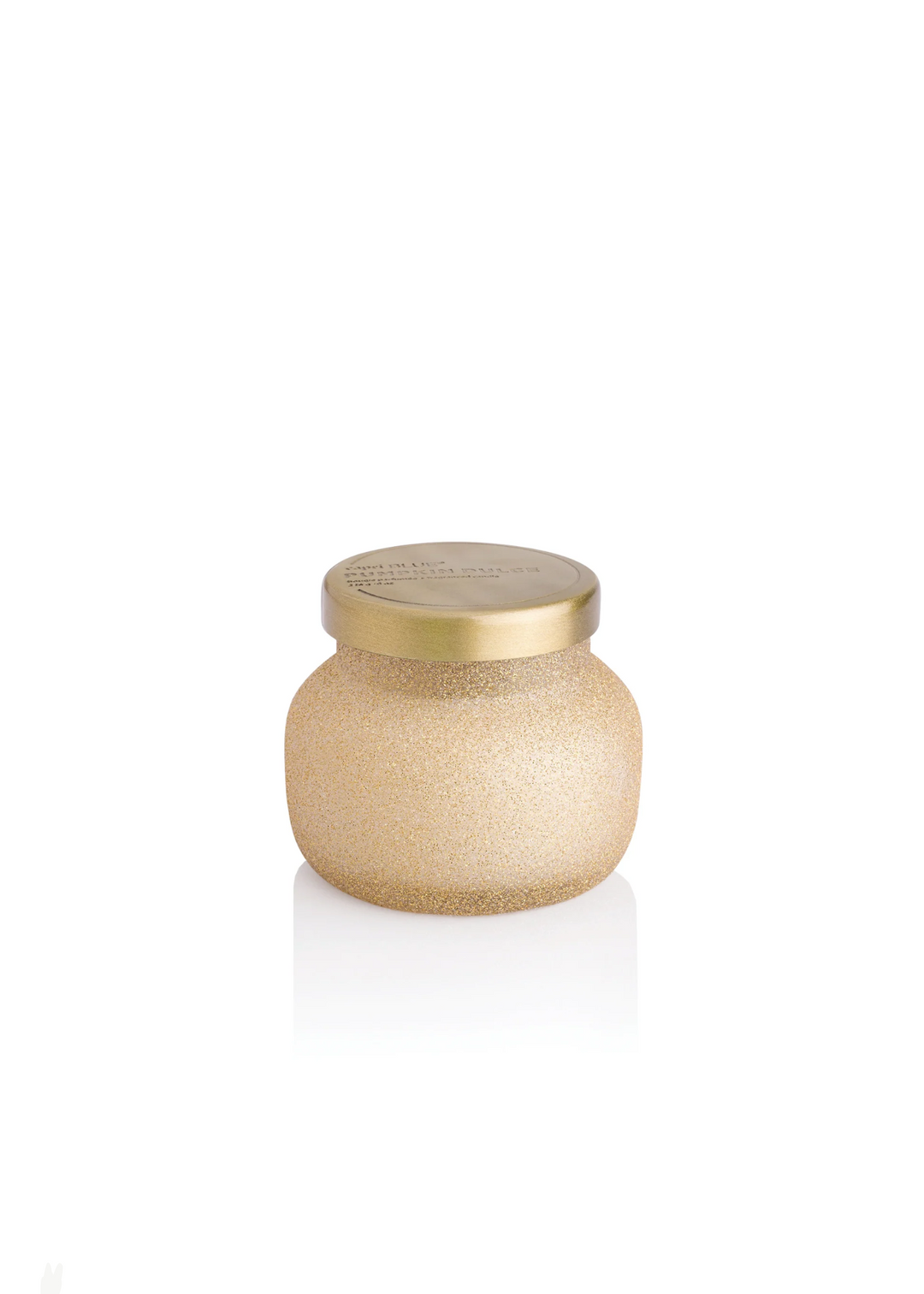8oz champagne glitter candle with a gold lid on a white background