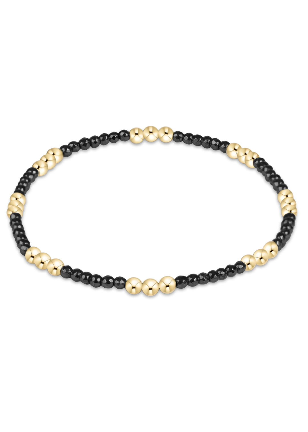 A beaded stretch bracelet featuring alternating sections of glossy black faceted beads and polished gold-toned metallic beads, displayed on a clean white background.
