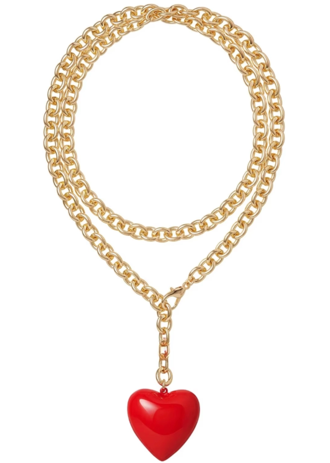 Gold chain necklace with a red heart pendant against a white background
