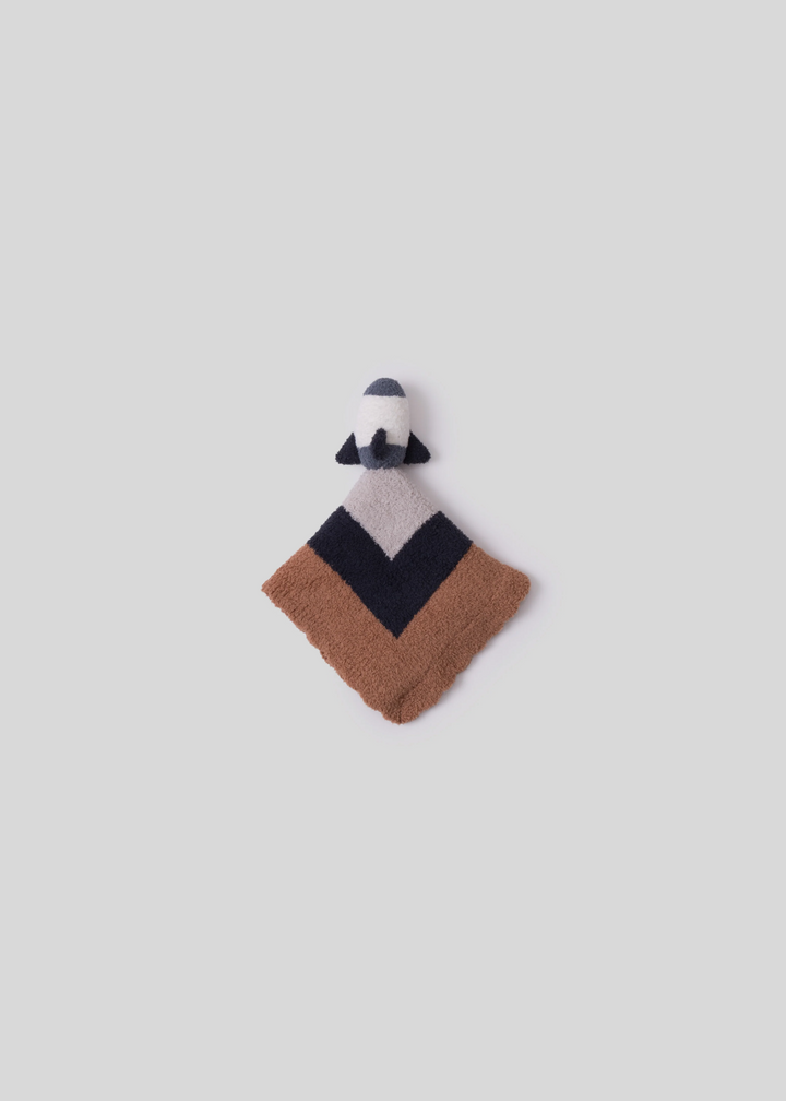 Fabric baby toy with a space ship and a brown, black, and grey color combo on a white background