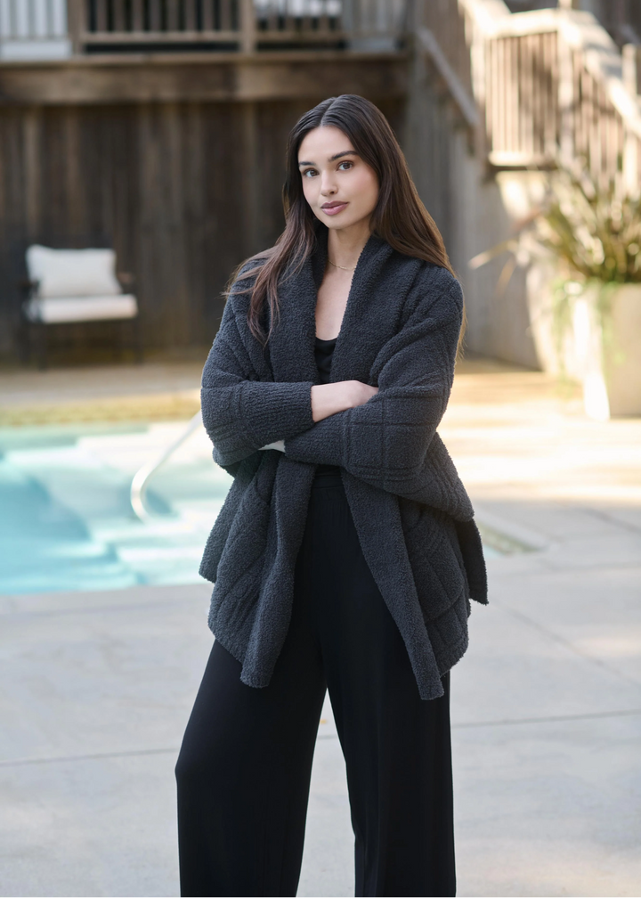 Barefoot Dreams CozyChic Cotton Tonal Plaid Blanket Wrap - Carbon