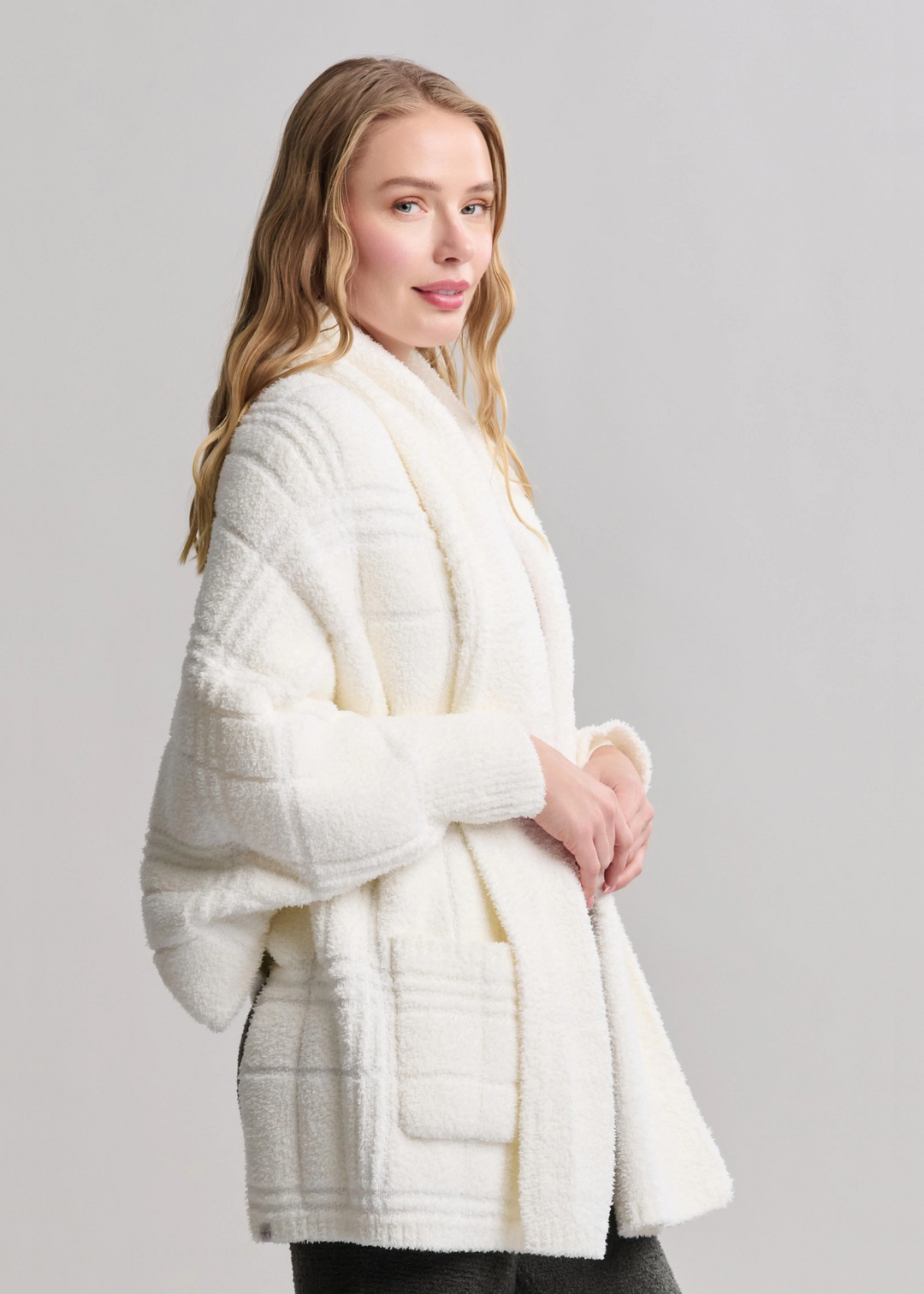 Barefoot Dreams CozyChic Cotton Tonal Plaid Blanket Wrap - Pearl