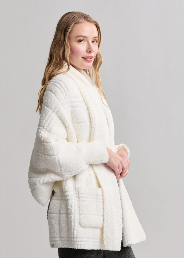 Barefoot Dreams CozyChic Cotton Tonal Plaid Blanket Wrap - Pearl