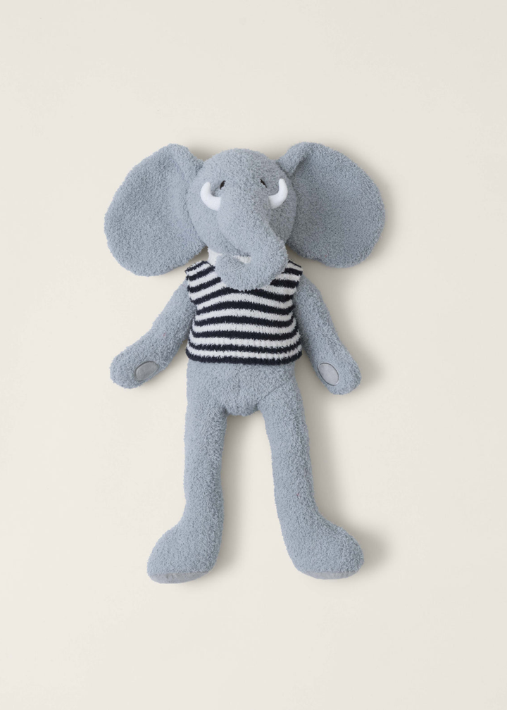 Grey mammoth stuffed animal wearing a black and white striped tee