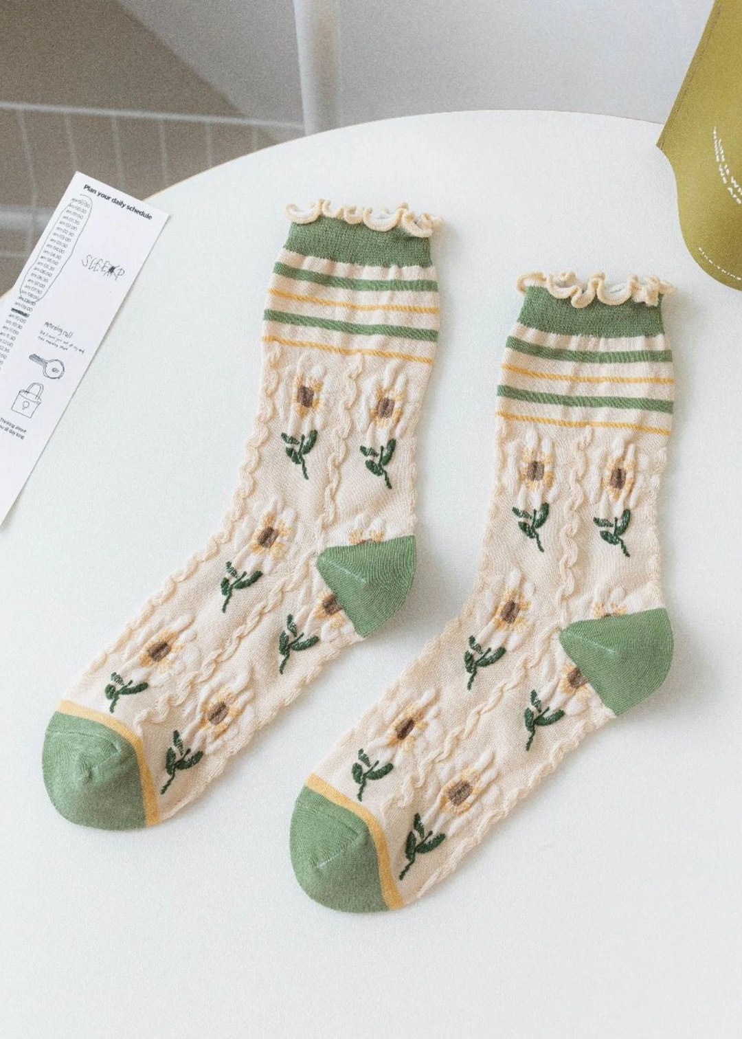 Beige, Green, and Yellow Floral Ruffle Crew Socks