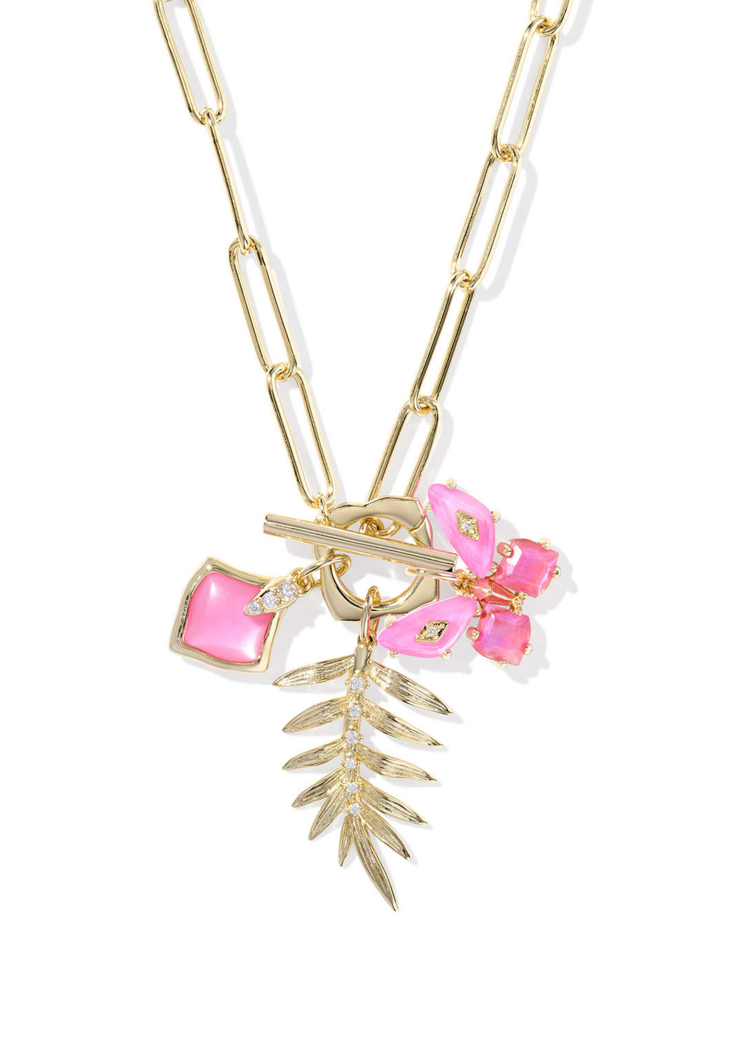 Women's gold chain necklace with a pink square and butterfly charm and a gold leaf charm
