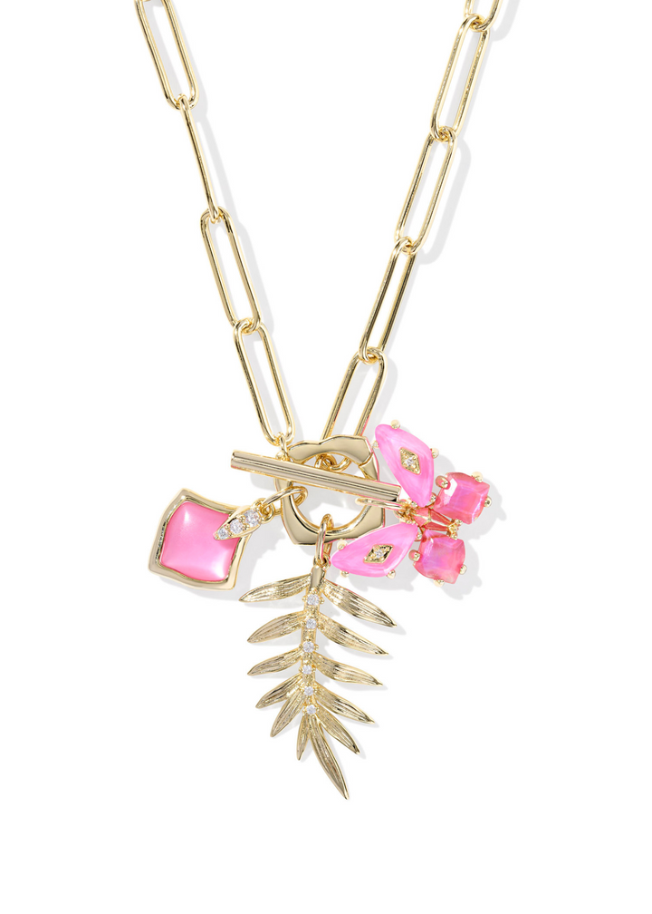Women's gold chain necklace with a pink square and butterfly charm and a gold leaf charm