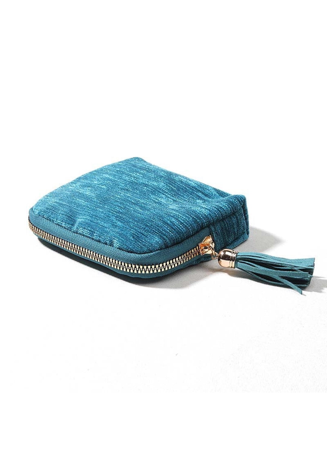 Blue velvet jewelry organizer with a blue fringe zipper on a white background