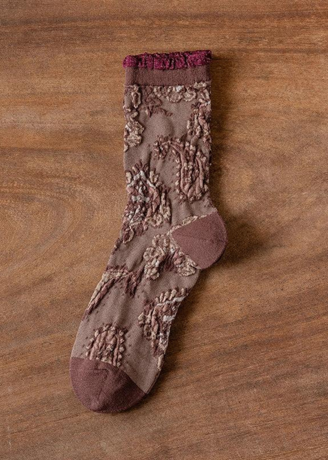 women's brown floral embossed ruffle crew socks