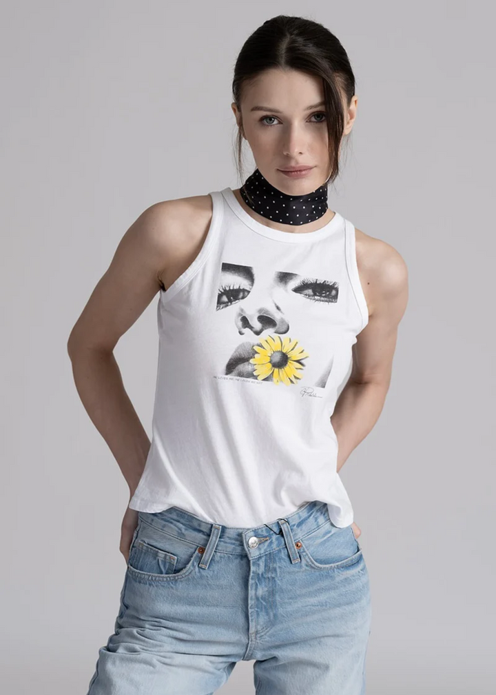 white muscle tank with artsy face and daisy chest graphic