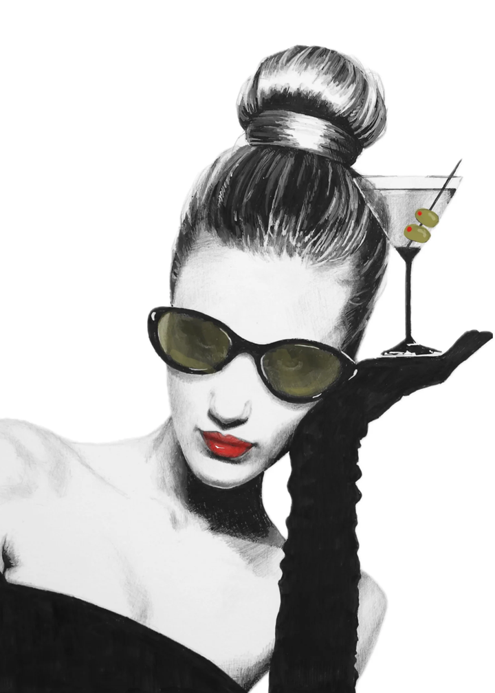 Black and white graphic with pops of red and olive green of a woman holding a martini