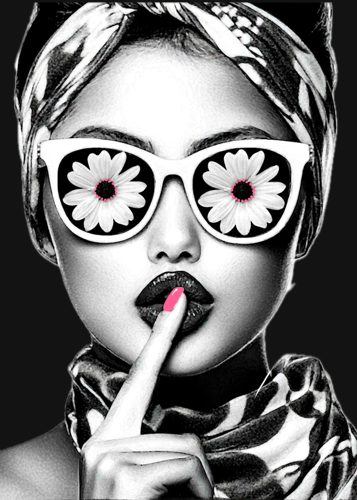 Black and white graphic with pops of pink of a woman with flower sunglasses