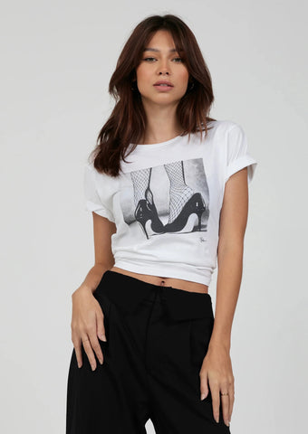 white short sleeve graphic tee with printed stiletto heels 