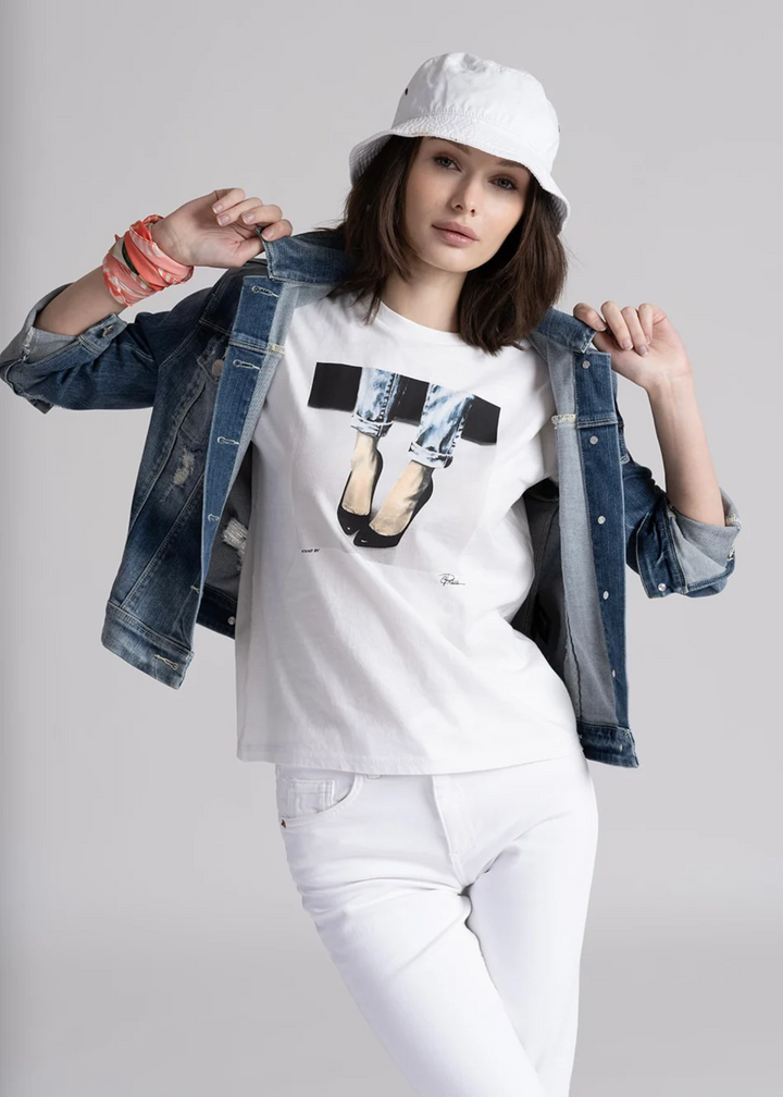 white graphic tee with black stiletto pumps graphic on chest