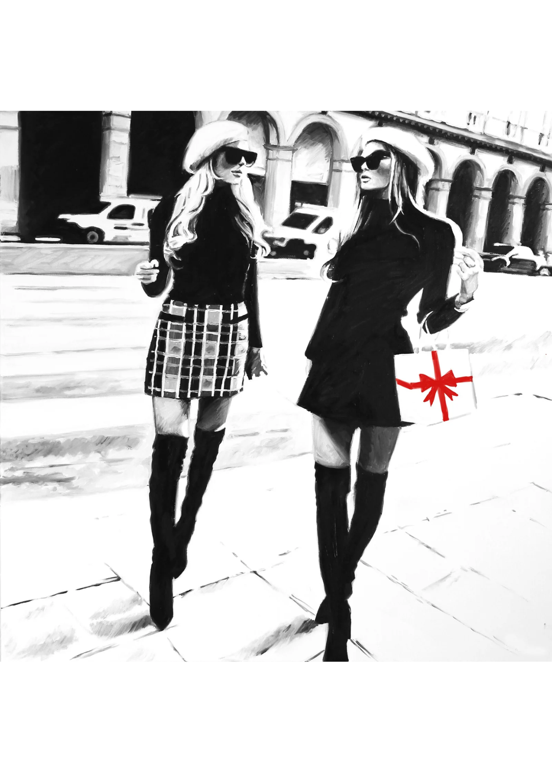 Graphic of two women walking on a city street with a gift in hand