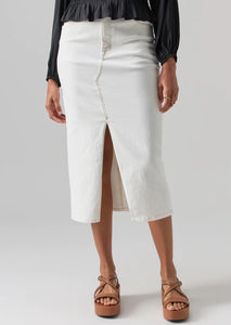 white denim midi skirt with front slit to the lower middle thigh