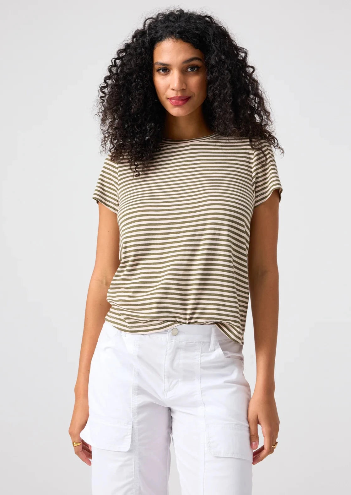 olive green and cream striped short sleeve tee