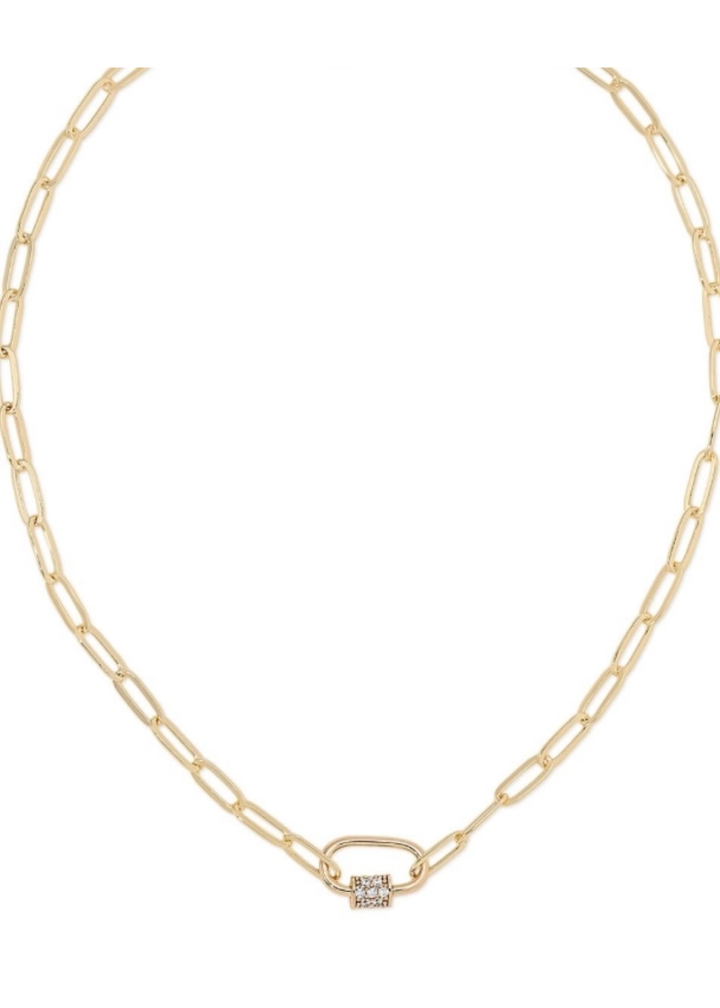 Gold chain necklace with a gold carabiner clasp on a white background