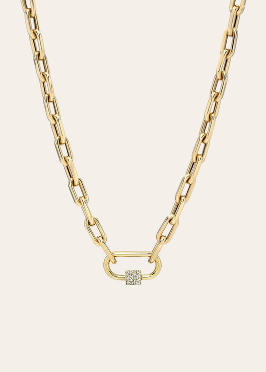 Gold chain necklace with a gold carabiner clasp on a white background