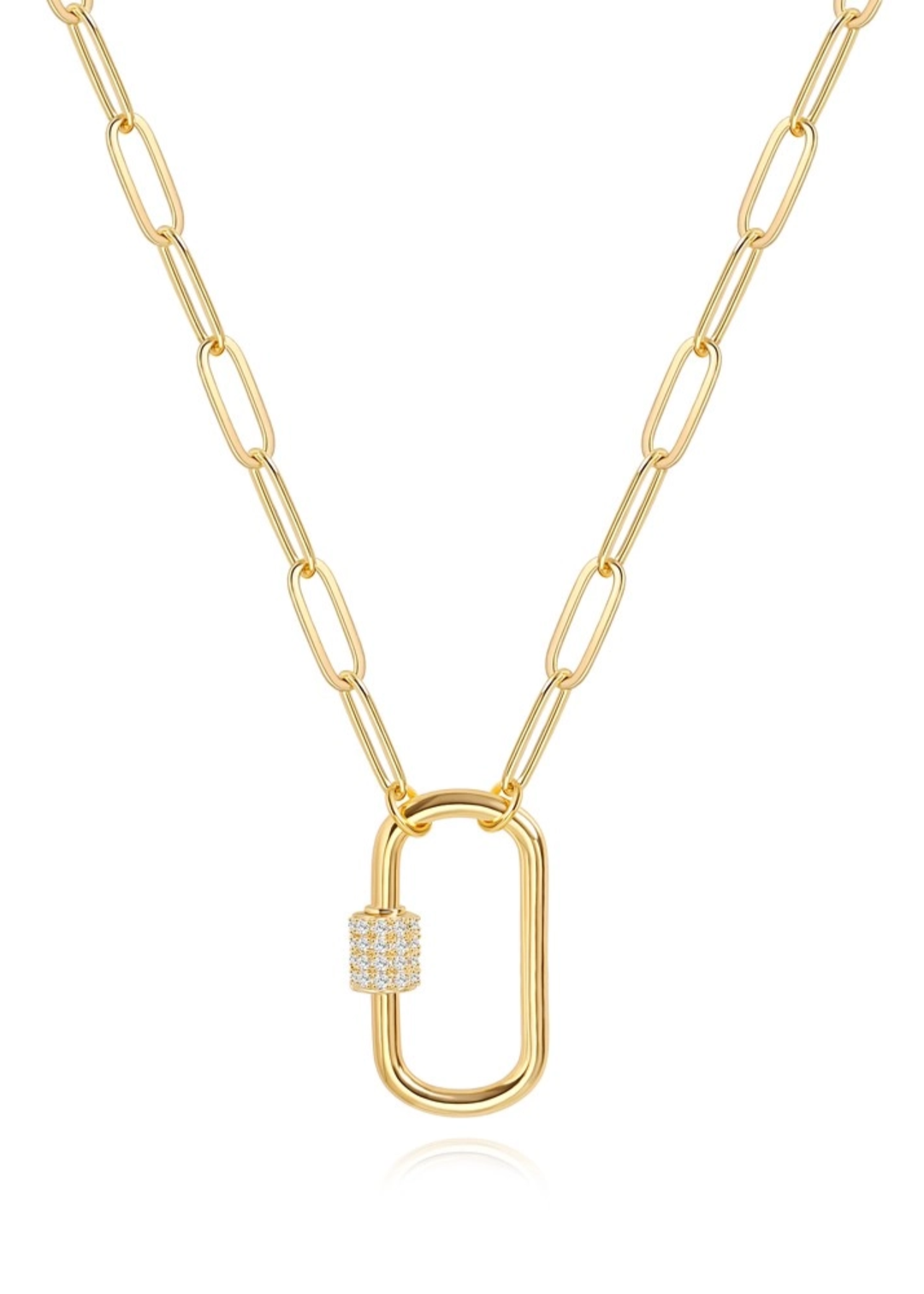 Gold chain necklace with a gold carabiner clasp on a white background