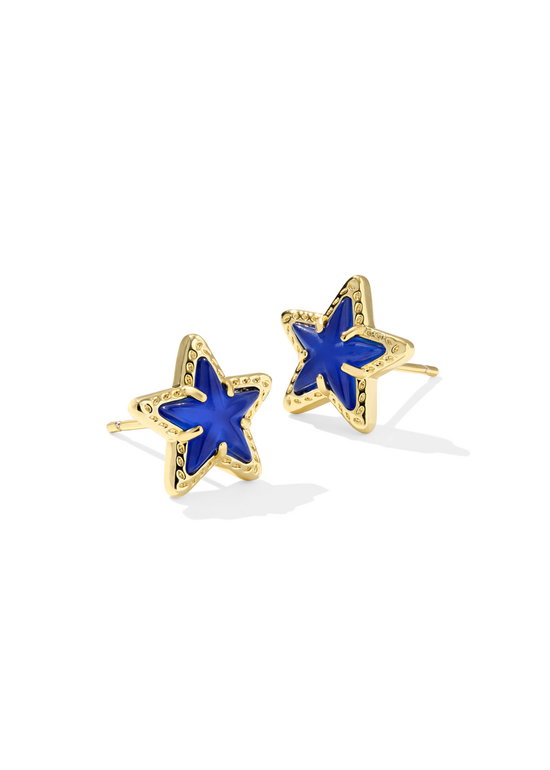 Women's gold star shaped stud earrings with a cobalt illusion center