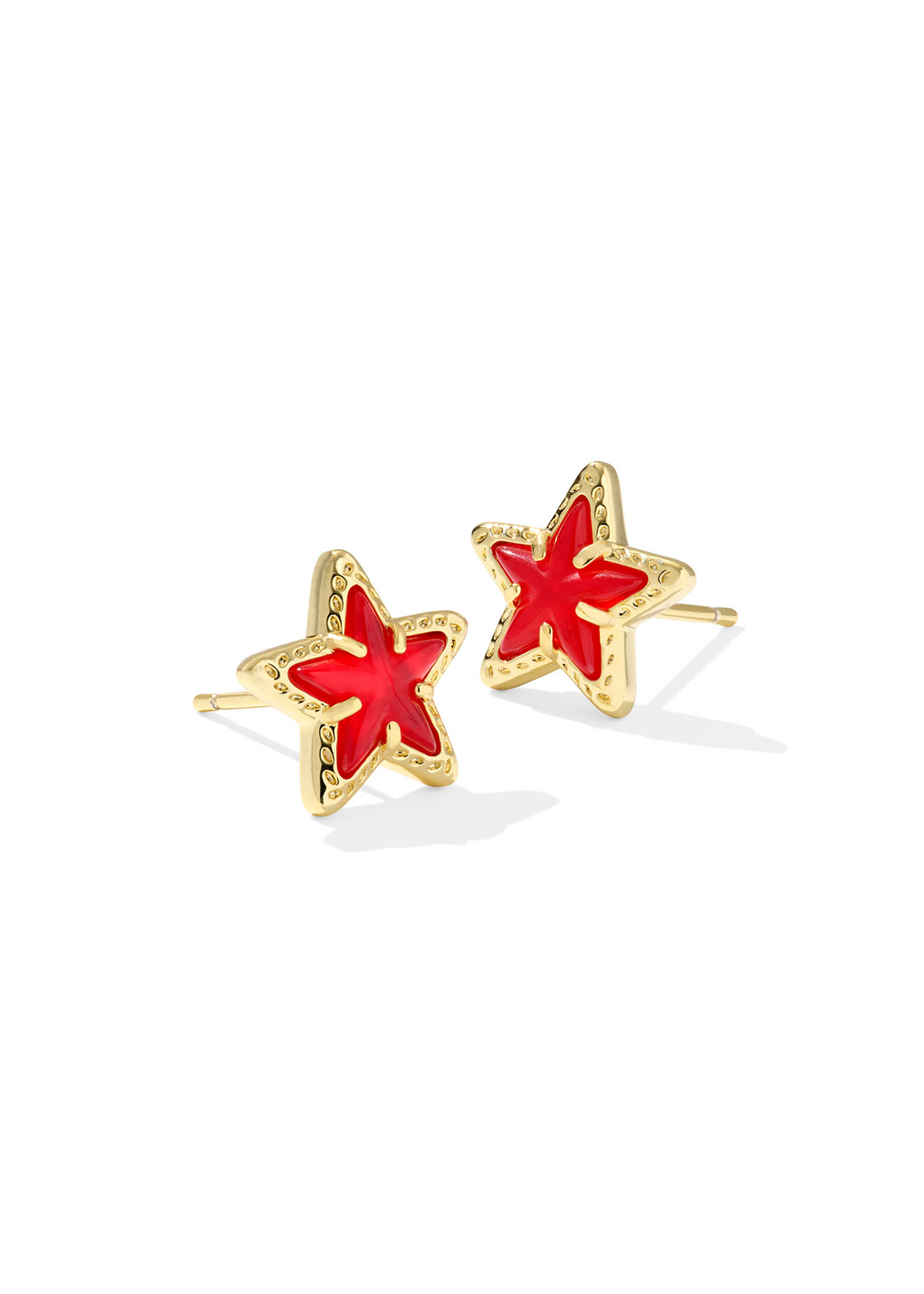 Women's gold star shaped stud earrings with a red center