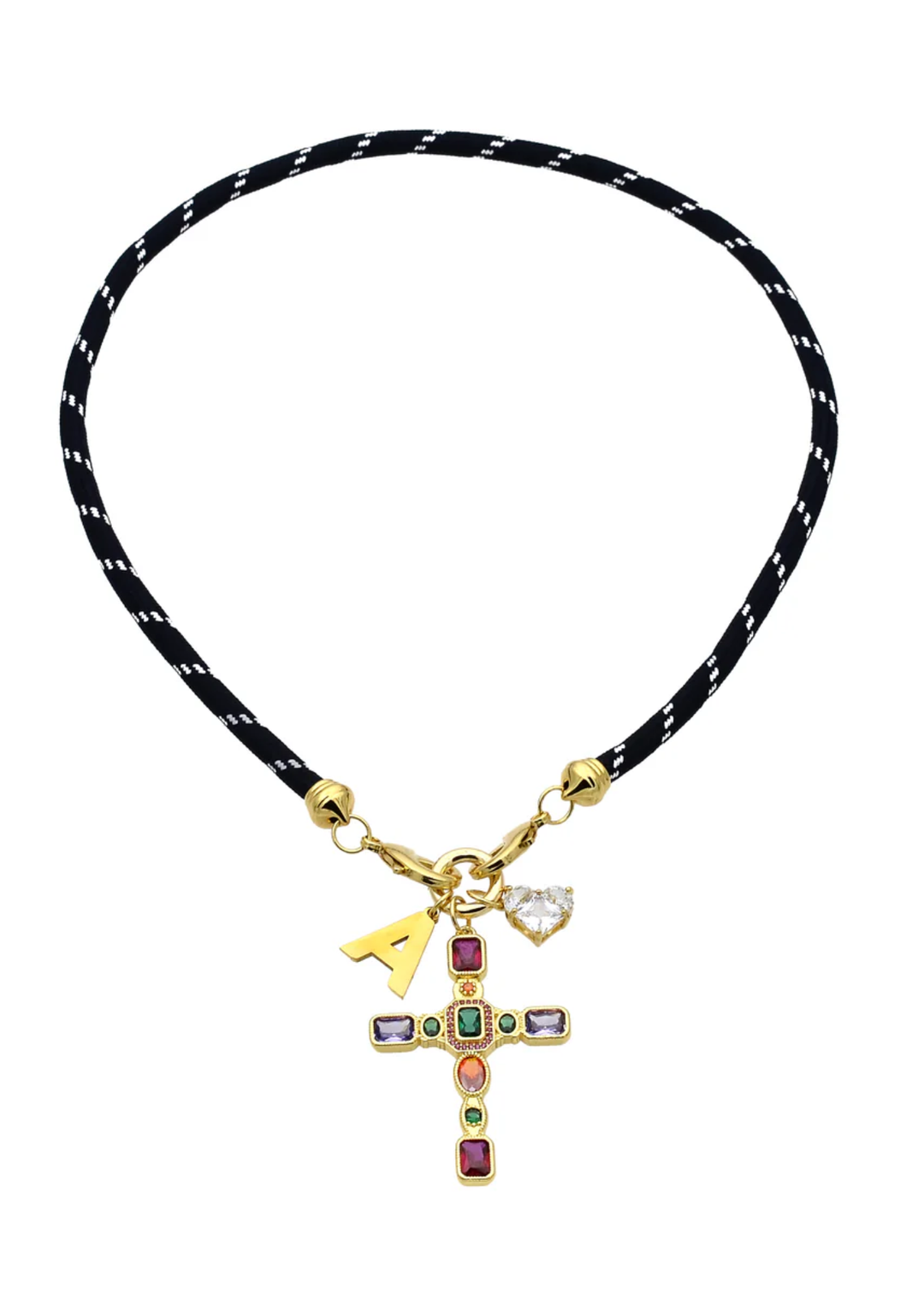 Navy paracord necklace with a gold and multicolor cross charm and other charms on a white background