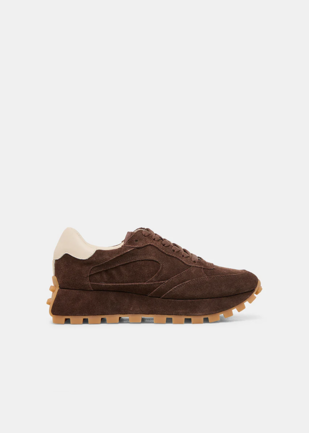Women's dark brown suede sneakers with a tan sole