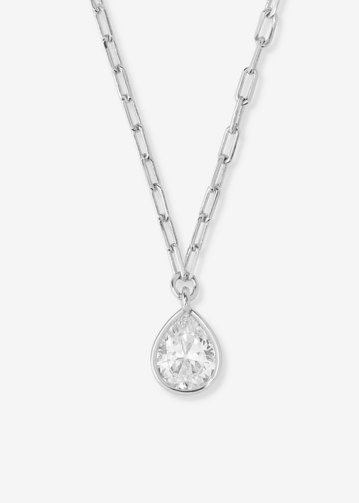 Women's silver framed diamond pendant necklace with a silver chain