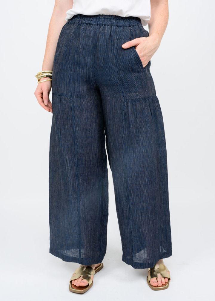 navy blue pinstripe wide leg elastic waistband pants